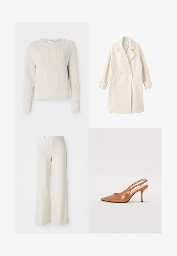 Double-breasted coat in soft cream fabric, featuring notched lapels, side pockets, and rolled cuffs for added detail and texture.; Light beige knitted sweater with a round neck, long raglan sleeves, and ribbed cuffs and hem. Textured yarn adds visual interest.; Wide-leg trousers in a light beige color, made of a smooth fabric. Features a classic waistband and flat front with clean lines.; Pointed toe slingback heel in a smooth, glossy tan material. Features a curved cutout design and a slender stiletto heel. Silver buckle detail.