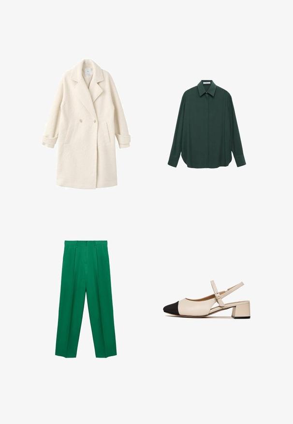 Podwójnie zapinany płaszcz z miękkiego kremowego materiału, z klapami z wycięciem, bocznymi kieszeniami i podwiniętymi mankietami dla dodatkowego detalu i tekstury.; Ciemnozielona koszula z długim rękawem, z klasycznym kołnierzykiem, z przodu zapięcie na guziki i luźny krój; wykonana z gładkiego materiału o subtelnej fakturze.; Zielone spodnie z szerokimi nogawkami, z wysokim stanem, z plisą z przodu, gładką fakturą i dopasowanym sylwetką. Bez widocznych elementów metalowych czy wzorów.; Beżowe skórzane buciki na obcasie typu slingback z czarnym noskiem, kwadratowym obcasem oraz regulowanym paskiem wokół kostki. Gładka tekstura i minimalistyczny design.