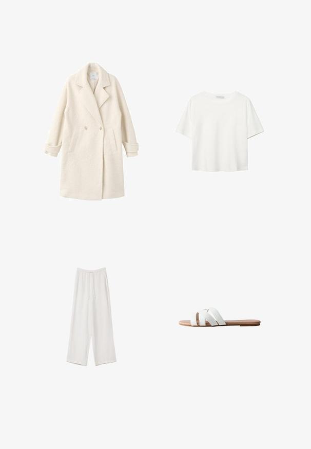 Doppeltknopf- Mantel aus weichem cremefarbenem Stoff, mit Reverskragen, Seitentaschen und umgeschlagenen Bündchen für zusätzliche Details und Textur.; Weißes T-Shirt mit kurzen Ärmeln aus Baumwolle. Hat einen Rundhalsausschnitt und eine lockere Passform. Glatte Textur ohne sichtbare Muster oder Akzente.; Weiße weit geschnittene Hose aus leichtem Stoff. Mit einem elastischen Bund und Kordelzug sowie Seitentaschen. Glatte Textur.; Weiße flache Riemchensandale mit drei überkreuzten Riemen. Weiches, synthetisches Obermaterial und schlichte beigen Sohle. Minimalistisches Design ohne zusätzliche Muster.