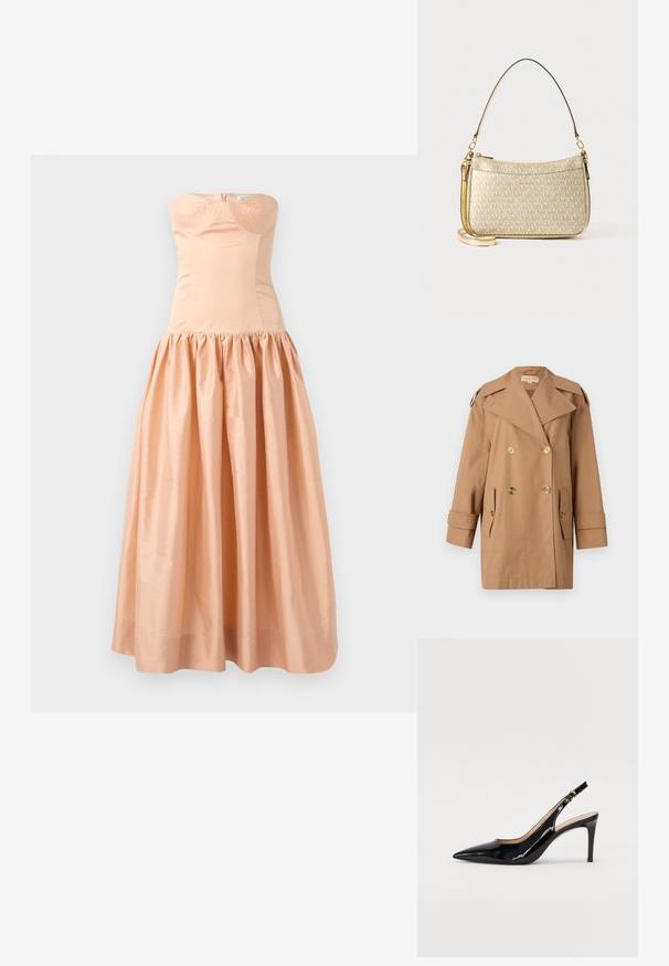 Brown double-breasted trench coat made of cotton. Features large gold buttons, wide lapels, and two front pockets. Mid-length sleeves.; Strapless peach gown made of smooth fabric, featuring a fitted bodice and a gathered, voluminous skirt. Back zipper closure and cup detailing.; Black patent leather slingback pump with pointed toe, slim heel, and a subtle cutout design. Features a gold buckle on the strap.; Gold-textured handbag with a smooth leather strap, featuring a zip closure and subtle logo pattern printed on the surface.