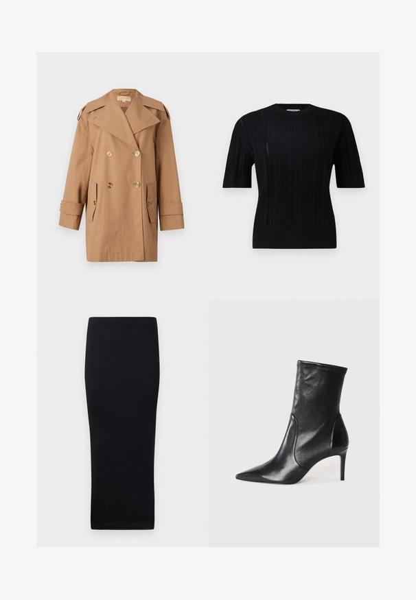 Palton bej din bumbac, cu dublu rând de nasturi. Prezintă nasturi mari aurii, rever lățit și două buzunare frontale. Mâneci de lungime medie.; Filippa K BRAID - Pulover - black; Fustă midi neagră cu o siluetă ajustată. Fabricată dintr-un material elastic, cu un tiv neted și un model texturat.; Bocanci negri până la gleznă, din piele netedă, cu vârf ascuțit, arbore ajustat și toc subțire înalt. Design minimalist, fără hardware vizibil.