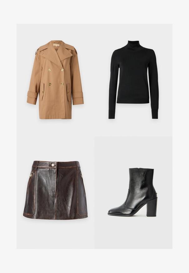 Barna, dupla gombos esőkabát, amely pamutból készült. Nagy arany gombokkal, széles hajtókákkal és két elülső zsebbel rendelkezik. Közepes hosszúságú ujjak.; Fekete, hosszú ujjú garbós pulóver bordás mandzsettákkal és aljjal, sima fehér háttér előtt bemutatva.; Barna bőr mini szoknya, mely elegáns dizájnnal, két cipzáras oldalsó zsebbel és kontrasztos varrással rendelkezik a szélein.; Fekete bőr bokacipő sima textúrával, hegyes orral és vastag, magas sarkával. Oldalnyílással és minimalista dizájnnal rendelkezik.
