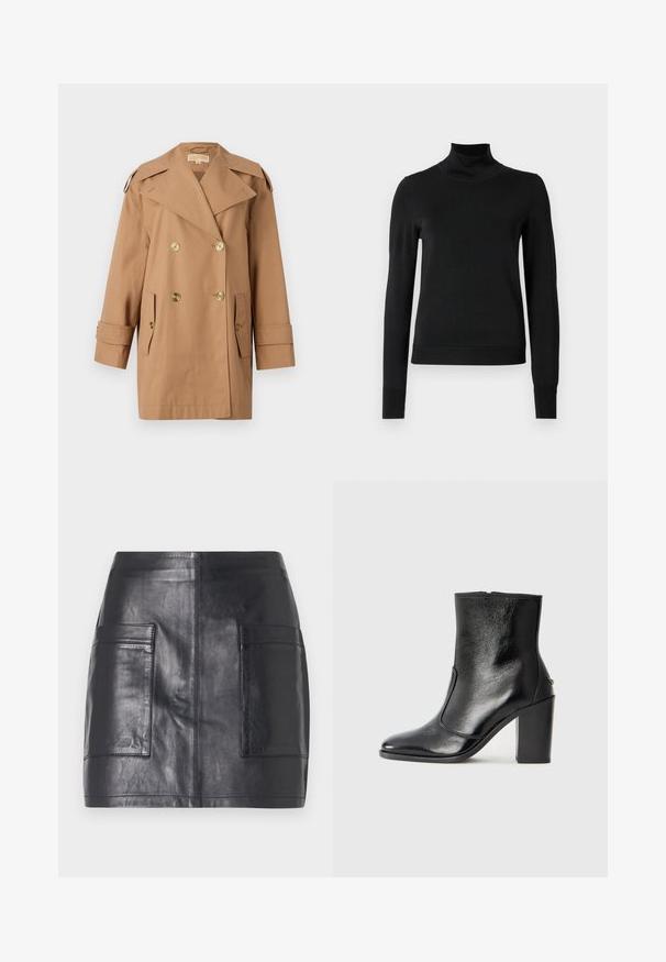 Manteau trench beige à double boutonnage en coton. Équipé de grands boutons dorés, de larges revers et de deux poches avant. Manches mi-longues.; Pull à col roulé noir à manches longues avec des poignets et un ourlet côtelés, présenté sur un fond blanc uni.; Mini jupe en cuir noir avec deux poches latérales, texture lisse, design ajusté et lignes épurées sans embellissements supplémentaires.; Bottine en cuir noir, avec une texture lisse, un bout pointu et un talon chunky haut. Présente une ouverture sur le côté et un design minimaliste.