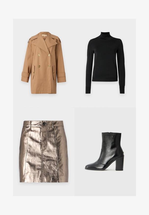Barna, dupla gombos esőkabát, amely pamutból készült. Nagy arany gombokkal, széles hajtókákkal és két elülső zsebbel rendelkezik. Közepes hosszúságú ujjak.; Fekete, hosszú ujjú garbós pulóver bordás mandzsettákkal és aljjal, sima fehér háttér előtt bemutatva.; Fémes bronz színű farmer mini szoknya, egyenes szabással, elülső zsebekkel és gombos derékrésszel. Simább és fényes textúra.; Fekete bőr bokacipő sima textúrával, hegyes orral és vastag, magas sarkával. Oldalnyílással és minimalista dizájnnal rendelkezik.