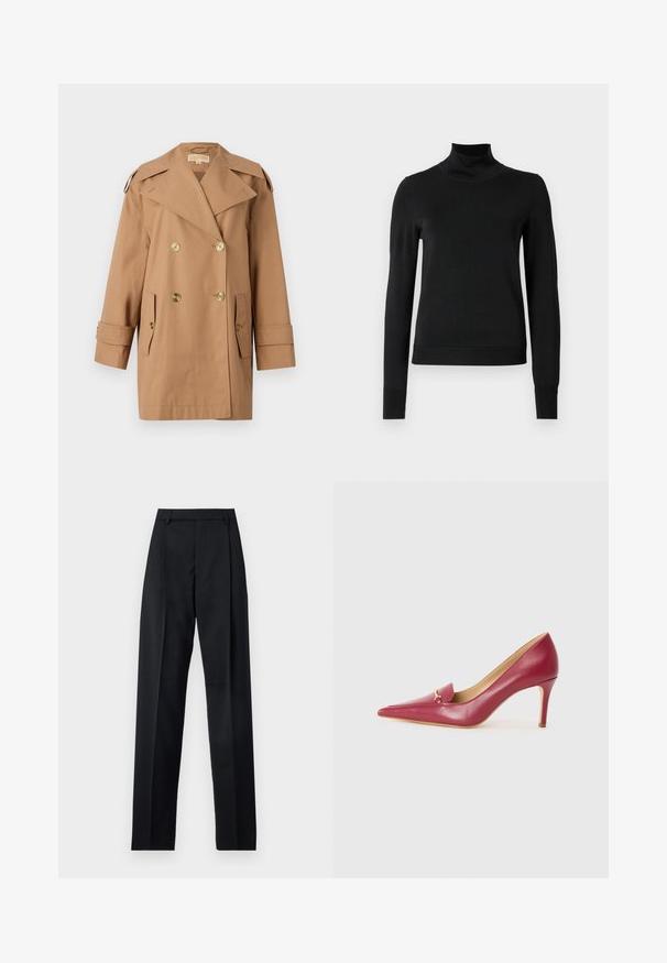Trench coat marrón de doble botonadura hecho de algodón. Presenta grandes botones dorados, amplias solapas y dos bolsillos frontales. Mangas de longitud media.; Suéter negro de manga larga con cuello de tortuga, con puños y dobladillo acanalados, exhibido sobre un fondo blanco liso.; Pantalones negros de tela suave con cintura alta, piernas amplias, pliegues frontales y lazos de cinturón clásicos. No hay bolsillos laterales visibles.; Zapato de tacón alto con punta afilada en cuero rojo con un acabado suave, que presenta una pequeña solapa y un detalle de hardware dorado en el empeine.