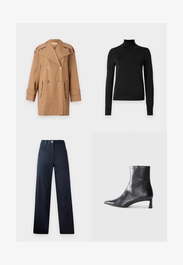 Trench coat marrón de doble botonadura hecho de algodón. Presenta grandes botones dorados, amplias solapas y dos bolsillos frontales. Mangas de longitud media.; Suéter negro de manga larga con cuello de tortuga, con puños y dobladillo acanalados, exhibido sobre un fondo blanco liso.; Pantalones oscuros de color navy con un diseño de pierna recta, hechos de una tela suave. Presenta bolsillos delanteros, un cierre de botón y sutiles detalles de costura.; Botín de cuero negro hasta el tobillo con punta afilada y un diseño elegante. Presenta un tacón bajo y un cierre con cremallera en la parte trasera. Textura suave.