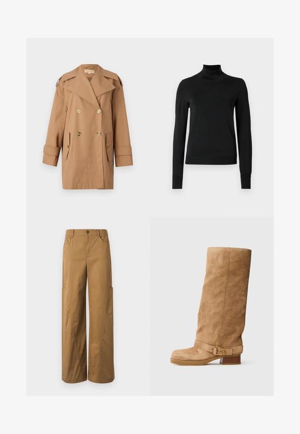 Rjav dvoredni trench plašč iz bombaža. Opremljen z velikimi zlatimi gumbi, širokimi reverji in dvema sprednjima žepoma. Srednje dolgi rokavi.; Črni pulover s dolgimi rokavi in vratnikom, z rebrastimi манжетами in robom, prikazan na enobarvni beli podlagi.; Rjave široke hlače iz bombaža, z gumbom za zapiranje, stranskimi žepi in opaznimi šivi.; Brahkaste rjave suknje srednje visine z nizkim utezima, okruglog vrha i podesivim remenom sa zlatnom kopčom oko članaka.