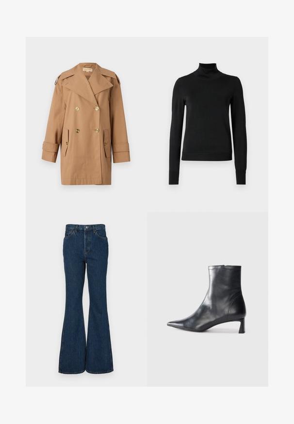 Rudas dvigubas trenčiotas paltas, pagamintas iš medvilnės. Yra dideli auksiniai mygtukai, plačios apykaklės ir dvi priekinės kišenės. Vidutinio ilgio rankovės.; Juoda ilgomis rankovėmis turtleneko tipo megztinis su rebruotomis rankovėmis ir apačia, eksponuojamas ant paprasto balto fono.; Tamsiai mėlynos plačios džinsinės kelnės, pagamintos iš džinsinio audinio. Yra aukštas liemuo, penkios kišenės ir kontrastingos siūlės. Kuo sklandžia tekstūra ir tvarkingas apdaila.; Juodas odinis kulkšninis batas su smailiu pirštu ir elegantišku dizainu. Turi žemą kulną ir užtrauktuką gale. Lygi tekstūra.