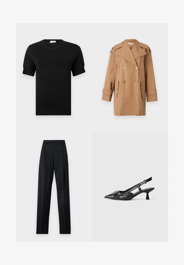 Brown double-breasted trench coat made of cotton. Features large gold buttons, wide lapels, and two front pockets. Mid-length sleeves.; Black short-sleeve knitted top with a round neckline. Features subtle ribbed detailing at the sleeves and hem, crafted from a smooth fabric.; Black trousers made from smooth fabric featuring a high waist, wide legs, front pleats, and classic belt loops. No side pockets visible.; Black leather slingback shoe with a pointed toe, decorative straps featuring metal eyelets, and a low block heel. Textured surface.