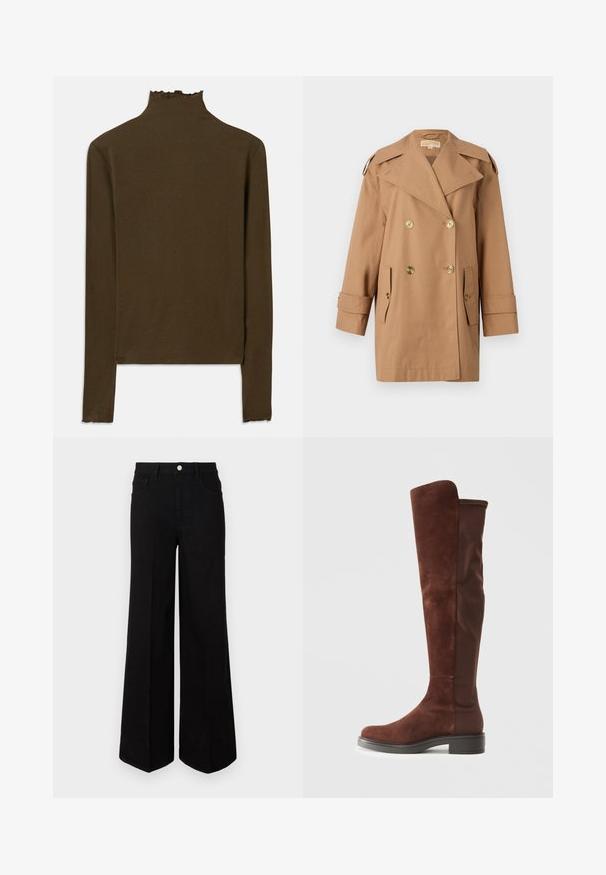 Bruine dubbele trenchcoat gemaakt van katoen. Voorzien van grote gouden knopen, brede revers en twee voorzakken. Middellange mouwen.; Bruine langemouwen ribgebreide top met een hoge kraag en subtiele sla-edge afwerking op de kraag, manchetten en zoom.; Zwarte wijde jeans gemaakt van stevig materiaal, met een hoge taille, voorzakken en een knopen sluiting aan de voorkant. Rechte zoom aan de onderkant.; Hoge bruine suède en stoffen laarzen met een lage zwarte hak en een ronde neus, zichtbaar in zijaanzicht op een effen witte achtergrond.