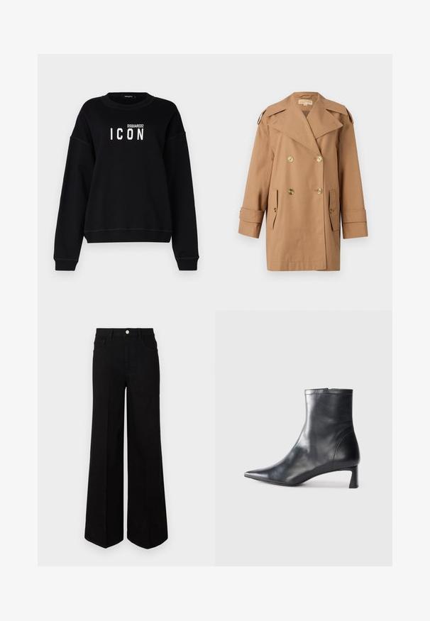 Pruun topeltkliendiga vihmamantel, mis on valmistatud puuvillast. Omab suuri kuldseid nööpe, laiu krae ja kahte esikotti. Keskmise pikkusega varrukad.; Mustmust, mille ümmargune kaelus, millel on valge "ICON" graafika ja "DSQUARED2" logo. Pehme kanga, mugav lõige, ribiga käised.; Mustad mustad laiad teksad, millel on kõrge vöökoht, ees taskud ja ees nuppude sulgemine. Üksik serv all.; Mustad mustall nahkasaabas terava nina ja stiilse disainiga. Omab madalat konts ja luku sulgemist taga. Sile tekstuur.