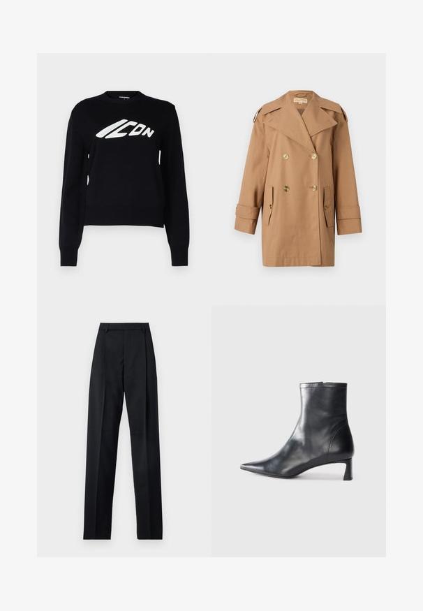 Manteau trench beige à double boutonnage en coton. Équipé de grands boutons dorés, de larges revers et de deux poches avant. Manches mi-longues.; Pull en maille noire avec un col rond, des poignets et un ourlet côtelés, et un logo graphique blanc bien visible à l'avant.; Pantalon noir en tissu lisse avec taille haute, jambes larges, plis à l'avant et passants de ceinture classiques. Pas de poches latérales visibles.; Bottine en cuir noir avec un bout pointu et un design épuré. Présente un petit talon et une fermeture éclair à l'arrière. Texture lisse.