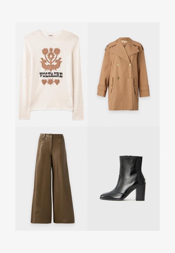 Rudas dvigubas trenčiotas paltas, pagamintas iš medvilnės. Yra dideli auksiniai mygtukai, plačios apykaklės ir dvi priekinės kišenės. Vidutinio ilgio rankovės.; Kreminės spalvos ilgam rankovėms megztinis, pagamintas iš minkštos medžiagos, su rudų gėlių raštu ir juodu žodžiu "VOLTAIRE". Subtili tekstūra ir neutralus atspalvis.; Plačios kojinės kelnės, pagamintos iš lygaus, rudo dirbtinio odos. Pasižymi aukštu liemeniu, keturiais kišeniais ir priekiniais užtrauktukais. Lygus tekstūra ir minimalistiškas dizainas.; Juodas odinis kulkšninis batas su lygiu paviršiumi, smailiu pirštu ir masyviu aukštu kulnu. Savybė - šoninis atidarymas ir minimalistiškas dizainas.