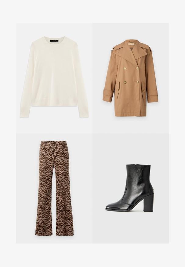 Hnedý dvojradový trenčkot vyrobený z bavlny. Obsahuje veľké zlaté gombíky, široké klopy a dve predné vrecká. Rukávy sú strednej dĺžky.; Krémový pletený sveter s okrúhlym výstrihom, dlhými rukávmi a rebrovanými detailmi na manžetách a leme. Mäkká, jemná textúra.; Nohavice s leopardím vzorom vo farbe béžovej a čiernej, s hladkou textúrou a zúženým lemom. Dizajn so štandardným pásom a vreckami.; Čierna kožená kotníková obuv s hladkým povrchom, špicatou špičkou a masívnym vysokým podpätkom. Zdobená bočným otvorom a minimalistickým dizajnom.