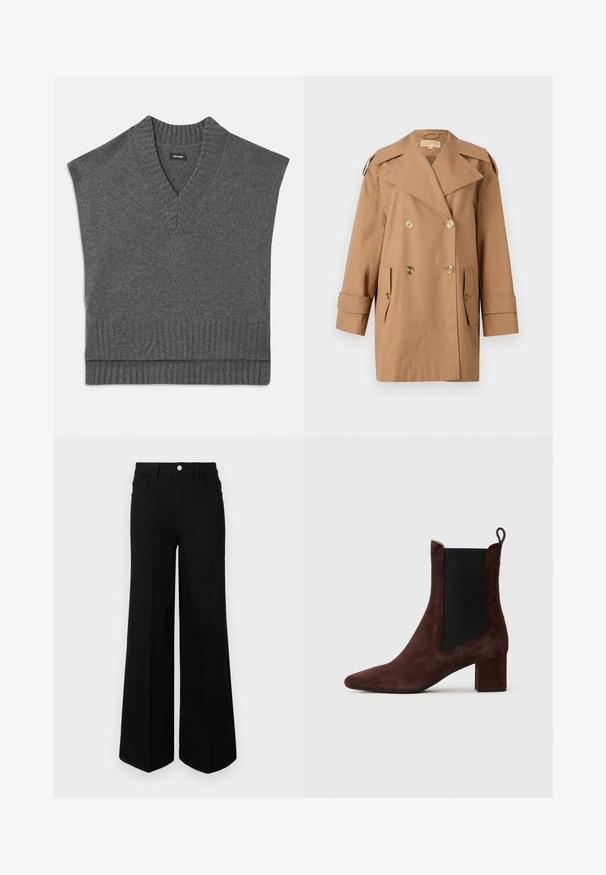 Brązowy dwurzędowy płaszcz trencherowy wykonany z bawełny. Zawiera duże złote guziki, szerokie klapy i dwie przednie kieszenie. Rękawy o średniej długości.; Szary bezrękawnik z dekoltem w kształcie V, prążkowanym wykończeniem dekoltu i dolnej krawędzi. Miękka struktura dzianiny, z subtelnym detalem logo blisko dolnej części.; Czarne dżinsy o szerokich nogawkach, wykonane z mocnego materiału, z wysokim stanem, kieszeniami z przodu i zapięciem na guzik z przodu. Płaskie wykończenie u dołu.; Ciemnobrązowy zamszowy botek za kostkę z blokowym obcasem, czarną elastyczną wstawką po bokach i pętelką z tyłu na jasnym tle.