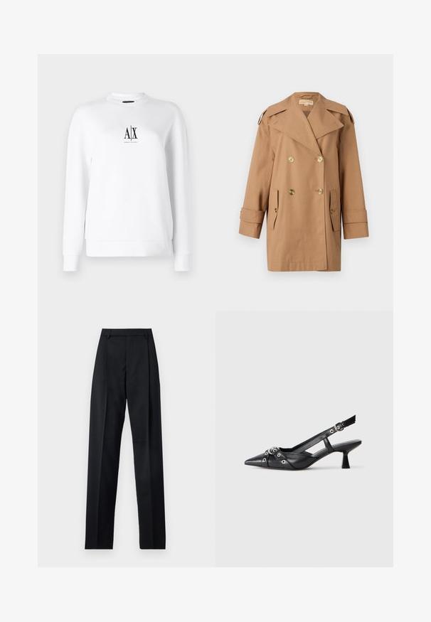 Trench coat marrón de doble botonadura hecho de algodón. Presenta grandes botones dorados, amplias solapas y dos bolsillos frontales. Mangas de longitud media.; Sudadera blanca de manga larga, cuello redondo y logo negro "A|X" en el pecho. Textura suave con un corte relajado. Diseño liso, sin patrones.; Pantalones negros de tela suave con cintura alta, piernas amplias, pliegues frontales y lazos de cinturón clásicos. No hay bolsillos laterales visibles.; Zapato de slingback negro de piel con punta afilada, correas decorativas con ojales de metal y un tacón bajo y ancho. Superficie texturizada.