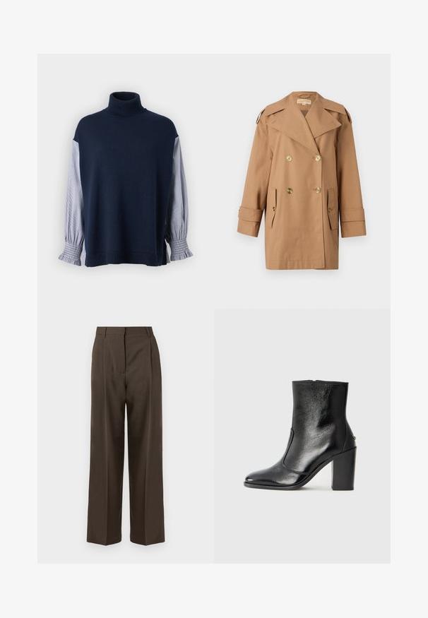 Hnedý dvojradový trenčkot vyrobený z bavlny. Obsahuje veľké zlaté gombíky, široké klopy a dve predné vrecká. Rukávy sú strednej dĺžky.; Námornícky pletený sveter s vysokým golierom, s pruhovanými rukávmi a volánovými manžetami. Mäkka textúra, voľný strih a detaily na švoch.; Hnedé široké nohavice s hladkou textúrou, s vysokým pásom, prednými plisovaním a strihom na mieru. Žiadne viditeľné vrecká ani ozdoby.; Čierna kožená kotníková obuv s hladkým povrchom, špicatou špičkou a masívnym vysokým podpätkom. Zdobená bočným otvorom a minimalistickým dizajnom.