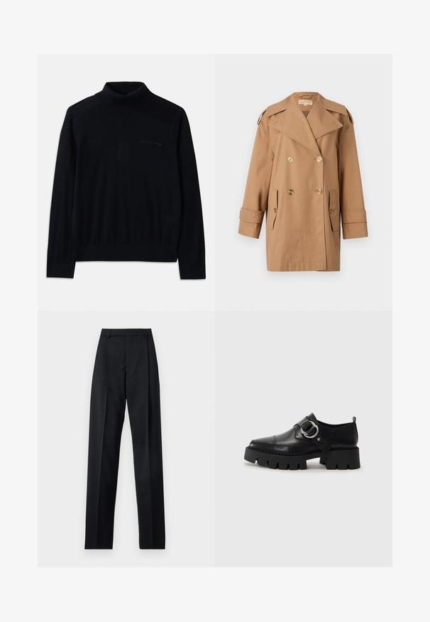 Rjav dvoredni trench plašč iz bombaža. Opremljen z velikimi zlatimi gumbi, širokimi reverji in dvema sprednjima žepoma. Srednje dolgi rokavi.; Črn pulover s turtleneck ovratnikom, izdelan iz mehke tkanine, z dolgimi rokavi in subtilnim vezenim logotipom spredaj. Enostaven dizajn z rebrastimi robovi.; Črne hlače iz gladkega materiala, ki imajo visok pas, široke noge, sprednje nabore in klasične zanke za pas. Nevidni stranski žepi.; Črne usnjene čevlje z debelim, rebrastim podplatom, ki imajo okroglo srebrno kovinsko dodatno opremo in minimalne šive.