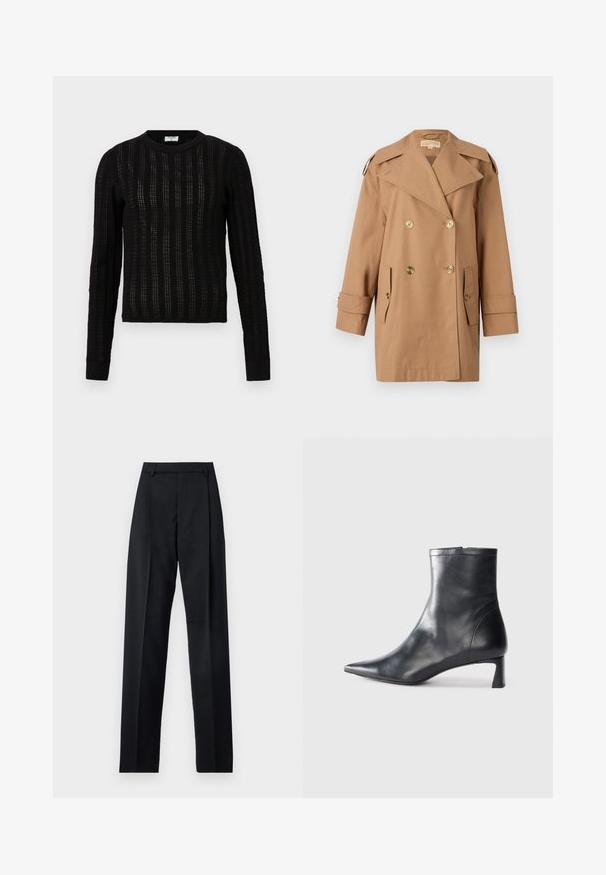 Hnědý dvouřadý trenčkot vyrobený z bavlny. Obsahuje velké zlaté knoflíky, široké klopy a dvě přední kapsy. Rukávy jsou střední délky.; Černý pletený svetr s texturovaným pruhovaným vzorem, kulatým výstřihem, dlouhými rukávy a žebrovanými manžetami a spodním lemem.; Černé kalhoty vyrobené z hladké tkaniny, vybavené vysokým pasem, širokými nohavicemi, předními záhyby a klasickými poutky na opasek. Nejsou viditelné boční kapsy.; Černé kožené kotníkové boty s špičatou špičkou a elegantním designem. Mají nízký podpatek a zipové zapínání na zadní straně. Hladká textura.