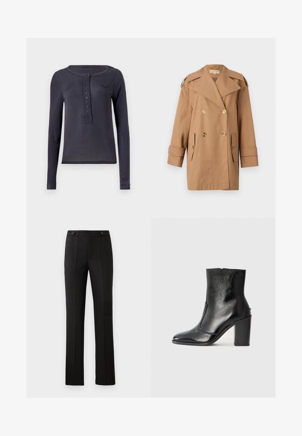 Cappotto trench doppiopetto marrone realizzato in cotone. Caratterizzato da grandi bottoni dorati, ampi risvolti e due tasche frontali. Maniche di lunghezza intermedia.; Maglietta henley a maniche lunghe di colore blu navy realizzata in materiale leggero, dotata di una patta con bottoni e un piccolo logo ricamato sul petto.; Pantaloni neri su misura con gamba dritta, due tasche frontali, chiusura con bottone e dettagli con pieghe sul davanti. Tessuto morbido.; Stivale alla caviglia in pelle nera, con una superficie liscia, punta affilata e tacco alto e massiccio. Presenta una apertura laterale e un design minimalista.