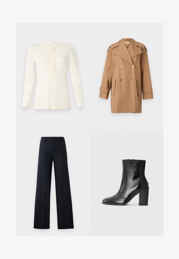 Rudas dvigubas trenčiotas paltas, pagamintas iš medvilnės. Yra dideli auksiniai mygtukai, plačios apykaklės ir dvi priekinės kišenės. Vidutinio ilgio rankovės.; Ilgais rankovėmis kreminės spalvos marškinėliai, pagaminti iš švelnios medžiagos, su apvaliu iškirpimu ir devynių mygtukų plokšte centre.; Juodos plačios kojos kelnės. Priklausantis pritaikytam stiliui su lygiu paviršiumi. Papildyta metaliniais kaliukais šoninėse siūlėse kaip detalė.; Juodas odinis kulkšninis batas su lygiu paviršiumi, smailiu pirštu ir masyviu aukštu kulnu. Savybė - šoninis atidarymas ir minimalistiškas dizainas.