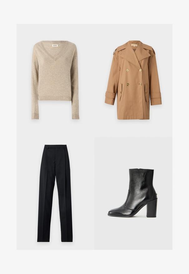 Hnědý dvouřadý trenčkot vyrobený z bavlny. Obsahuje velké zlaté knoflíky, široké klopy a dvě přední kapsy. Rukávy jsou střední délky.; Světle béžový pletený svetr s V-výstřihem, dlouhými rukávy a žebrovaným lemem. Měkká textura, zkrácený design a jemné barevné variace.; Černé kalhoty vyrobené z hladké tkaniny, vybavené vysokým pasem, širokými nohavicemi, předními záhyby a klasickými poutky na opasek. Nejsou viditelné boční kapsy.; Černé kožené kotníkové boty s hladkou texturou, špičatou špičkou a robustním vysokým podpatkem. Mají boční otvor a minimalistický design.