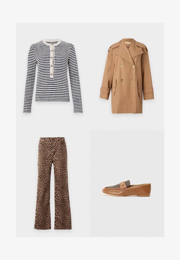 Brauner doppelter Trenchcoat aus Baumwolle. Mit großen goldenen Knöpfen, breiten Revers und zwei Fronttaschen. Mittellange Ärmel.; Gestreifter Cardigan in Marineblau und Creme, gerippter Rundhalsausschnitt, vordere Knopfleiste mit fünf Knöpfen, lange Ärmel, gestrickte Textur.; Beige und schwarze weit geschnittene Hosen mit Leopardenmuster, die eine glatte Textur und einen schmal zulaufenden Saum aufweisen. Design mit standardmäßiger Taille und Taschen.; Braune Lederloafers mit einem strukturierten braunen Stoffeinsatz und goldenen Hardware-Details. Schmaler Schnitt und gestickte Akzente an den Seiten.