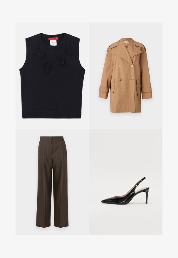 Pruun topeltkliendiga vihmamantel, mis on valmistatud puuvillast. Omab suuri kuldseid nööpe, laiu krae ja kahte esikotti. Keskmise pikkusega varrukad.; Must mustriga ilma varrukat ja soonikkrae ning äärisega. Ees kohal tekstuurilised lillelised aplikaadid. Pehme kudumismaterjal.; Pruunid laiad püksid sujuva tekstuuriga, kõrge vöökohaga, eesmine voltide ja kohandatud disainiga. Pole nähtavaid taskuid ega kaunistusi.; Must hõbedavärvi patendiga slingback kontsakingad terava varbaga, kitsas konts ja peene lõikega disain. Statistika on kuldne pandla rihmal.