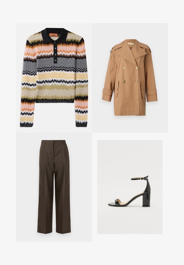 Barna, dupla gombos esőkabát, amely pamutból készült. Nagy arany gombokkal, széles hajtókákkal és két elülső zsebbel rendelkezik. Közepes hosszúságú ujjak.; Többszínű zig-zag mintás kötött polo pulóver, fekete gallérral és gombos zárással. Puha tapintású, hosszú ujjú, bordás mandzsettákkal.; Barna, bő szárú nadrág sima textúrával, magas derékkal, elülső pleat-ekkel és testre szabott kialakítással. Nincsenek látható zsebek vagy díszítések.; Fekete lakkbőr szandál széles sarokkal, nyitott orral és bokapánttal, amelyen arany csat található. Sima felület és elegáns dizájn.