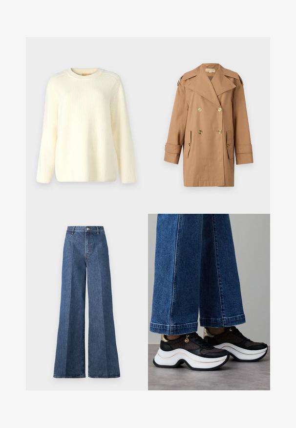 Manteau trench beige à double boutonnage en coton. Équipé de grands boutons dorés, de larges revers et de deux poches avant. Manches mi-longues.; Pull en maille côtelée crème avec un col rond, des manches longues et une coupe décontractée. Texture douce avec des lignes horizontales sur toute la surface.; Jean en denim bleu à jambe large et taille haute, avec une coupe classique à cinq poches et une fermeture à bouton, fabriqué en tissu en coton texturé.; Baskets noires et dorées avec une semelle blanche incurvée. Tissu texturé avec des accents de logo. Associées à un pantalon en denim bleu large.