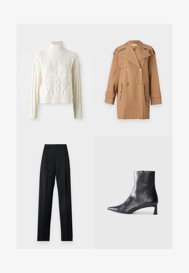 Bruine dubbele trenchcoat gemaakt van katoen. Voorzien van grote gouden knopen, brede revers en twee voorzakken. Middellange mouwen.; Gebreide crèmekleurige trui met een hoge geribbelde kraag, voorzien van textuurpatronen en kabelbrei-details op de mouwen en het lichaam. Korte, aansluitende stijl.; Zwarte broek gemaakt van gladde stof met een hoge taille, wijde benen, voorplooien en klassieke ceintuurlussen. Geen zijzakken zichtbaar.; Zwarte leren enkellaars met een spitse neus en een slank ontwerp. Heeft een lage hak en een ritssluiting aan de achterkant. Gladde textuur.