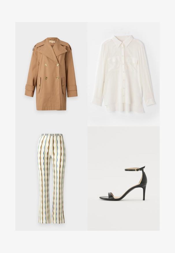 Bruine dubbele trenchcoat gemaakt van katoen. Voorzien van grote gouden knopen, brede revers en twee voorzakken. Middellange mouwen.; Witte overhemd met knopen, gemaakt van lichtgewicht stof. Heeft een klassieke kraag, twee borstzakken en een iets langere achterkant.; Uitlopende broeken in een gestructureerde stof met verticale strepen in blauw, bruin, groen en geel, met een gestreepte tailleband.; Zwarte leren hoge hak sandaal met enkelbandje. Heeft een gladde textuur, open teen en een dunne hak. Gouden gesp detail.