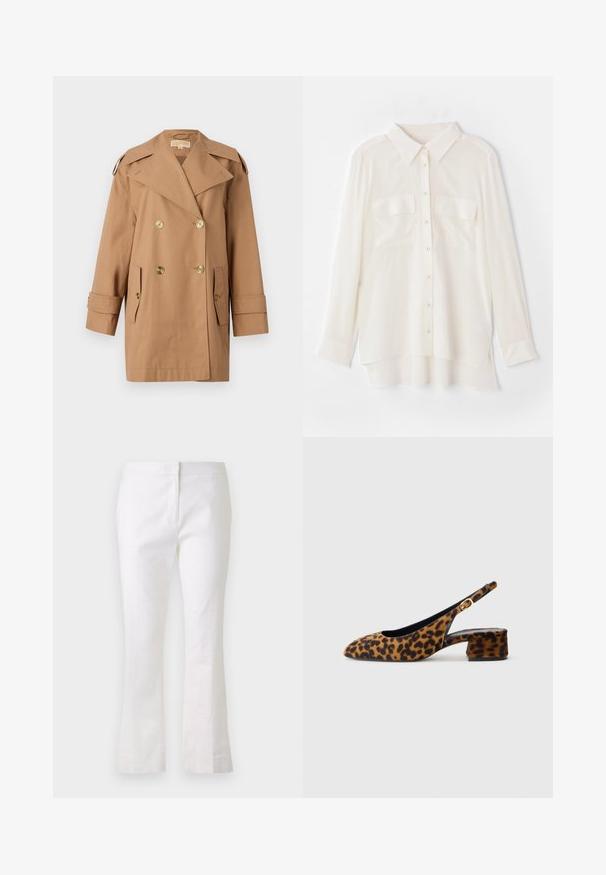 Brown double-breasted trench coat made of cotton. Features large gold buttons, wide lapels, and two front pockets. Mid-length sleeves.; White button-up shirt made of lightweight fabric. Features a classic collar, two chest pockets, and a slightly longer back hem.; White flared pants made from lightweight fabric. Features a flat front with a zipper closure and smooth texture. Simple and clean design.; Women's leopard print slingback shoe with low block heel and gold buckle on side strap, shown in side profile on plain background.