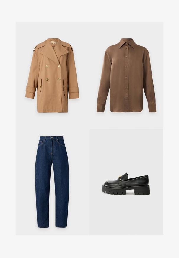 Trench coat marrón de doble botonadura hecho de algodón. Presenta grandes botones dorados, amplias solapas y dos bolsillos frontales. Mangas de longitud media.; Camisa de botones de manga larga marrón con cuello y puños puntiagudos, exhibida sobre un fondo blanco liso.; Vaqueros de mezclilla azul oscuro con cintura alta, diseño de pierna recta, costuras en contraste y cinco bolsillos. Cierre de botón y cremallera plateados.; Mocasines de cuero negro con una suela gruesa, que presentan un acento en tono dorado en la parte delantera y un acabado suave. Diseño de suela con dibujo grueso.