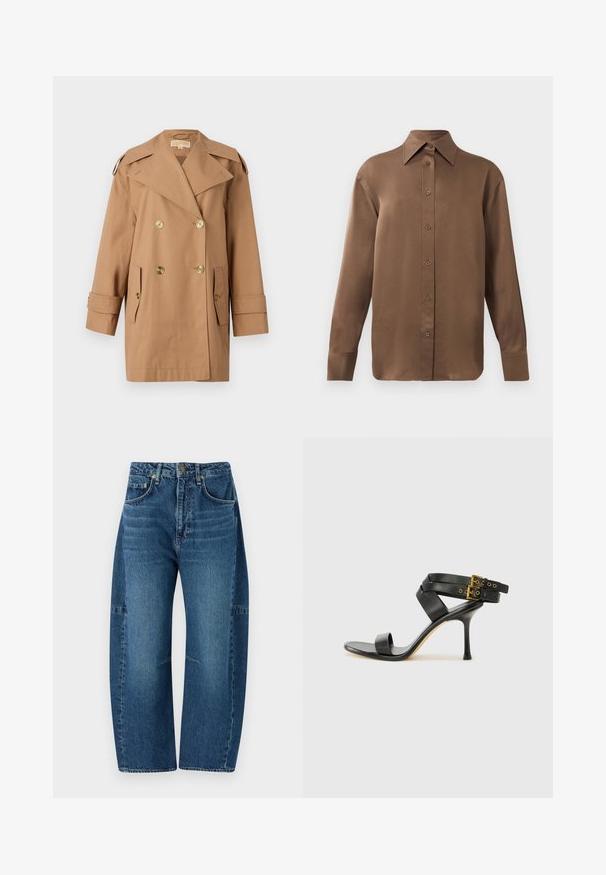 Palton bej din bumbac, cu dublu rând de nasturi. Prezintă nasturi mari aurii, rever lățit și două buzunare frontale. Mâneci de lungime medie.; Cămașă lungă cu mânecă, de culoare maro, cu guler și manșete ascuțite, prezentată pe un fundal alb simplu.; rag & bone CHARLIE BARREL JEAN - Wide leg - dark blue denim; Sandalie negre cu toc, cu curele încrucișate și cataramă ajustabilă. Prezintă o textură netedă și un toc stiletto conic.