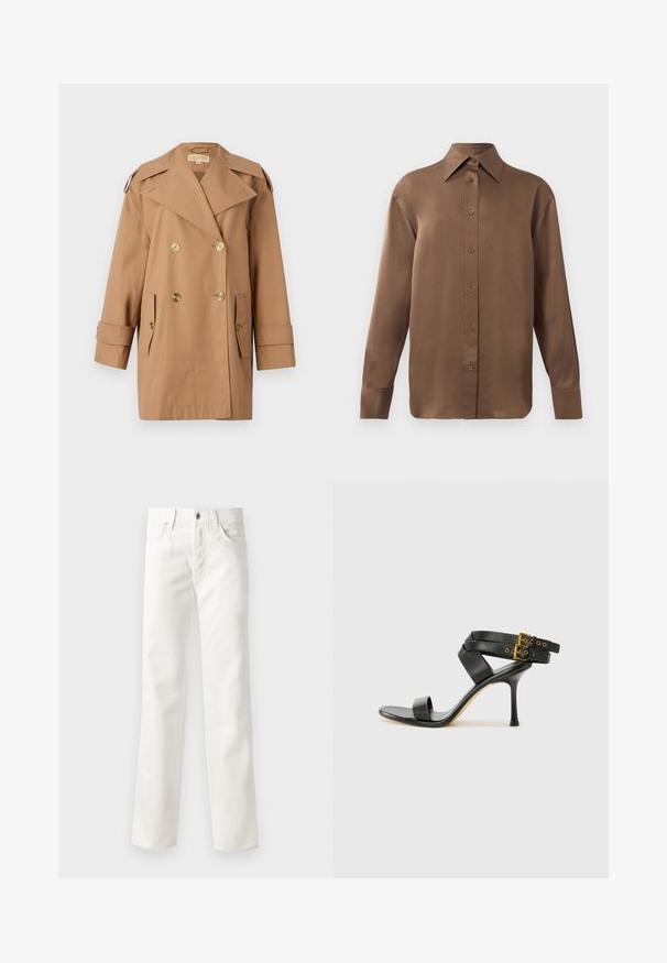 Trench coat marrón de doble botonadura hecho de algodón. Presenta grandes botones dorados, amplias solapas y dos bolsillos frontales. Mangas de longitud media.; Camisa de botones de manga larga marrón con cuello y puños puntiagudos, exhibida sobre un fondo blanco liso.; Jeans de mezclilla blanca con diseño de pierna recta, cinco bolsillos, cierre de botón y textura sutil. Terminados con pasadores para cinturón y dobladillo estándar.; Sandalia negra de tacón con correas cruzadas y hebilla ajustable. Presenta una textura suave y un tacón de aguja afilado.