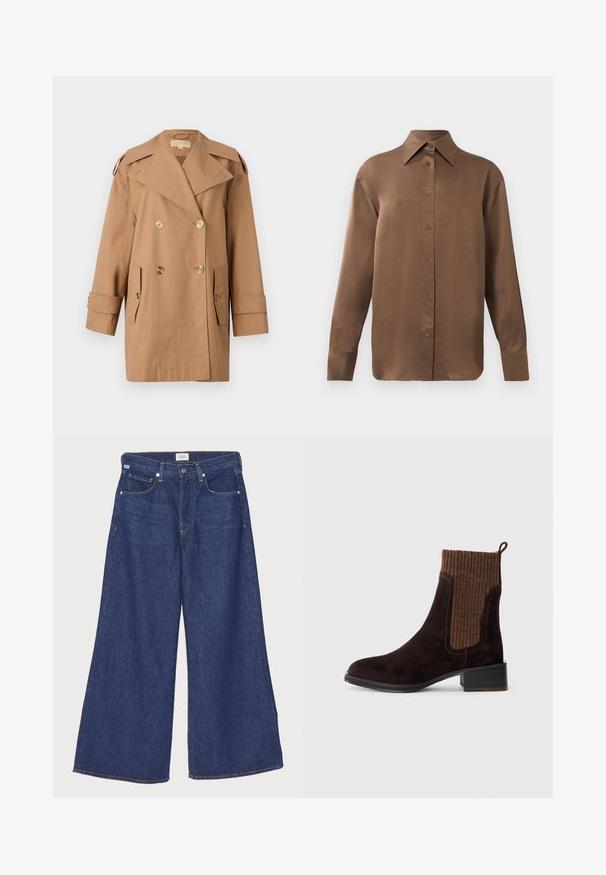 Rudas dvigubas trenčiotas paltas, pagamintas iš medvilnės. Yra dideli auksiniai mygtukai, plačios apykaklės ir dvi priekinės kišenės. Vidutinio ilgio rankovės.; Ruda ilgų rankovių marškiniai su sagomis ir smailiais apykakle bei rankogaliais, išdėstyti prieš paprastą baltą foną.; Citizens of Humanity BEVERLY SLOUCH IN UNVEIL - Laisvo kirpimo džinsai -
dark-blue denim; Rudos zomšu kulkšnės auliniai batai su tekstūruotu rudu ribotu mezginiu viršumi, glotnia paviršiumi, žemu blokuotu kulnu ir kilpeliu ant kulno, kad būtų patogu užsimauti.
