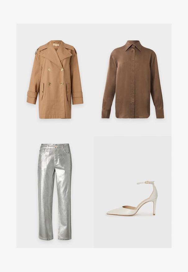 Manteau trench beige à double boutonnage en coton. Équipé de grands boutons dorés, de larges revers et de deux poches avant. Manches mi-longues.; Chemise marron à manches longues avec un col et des poignets pointus, présentée sur un fond blanc uni.; Jeans en métal argenté avec une jambe droite, design à cinq poches, fermeture éclair et bouton. Texture lisse avec une finition brillante.; Chaussure à talon haut en cuir blanc avec un bout pointu, une bride de cheville et un talon aiguille fin. Texture lisse avec une finition légèrement brillante.