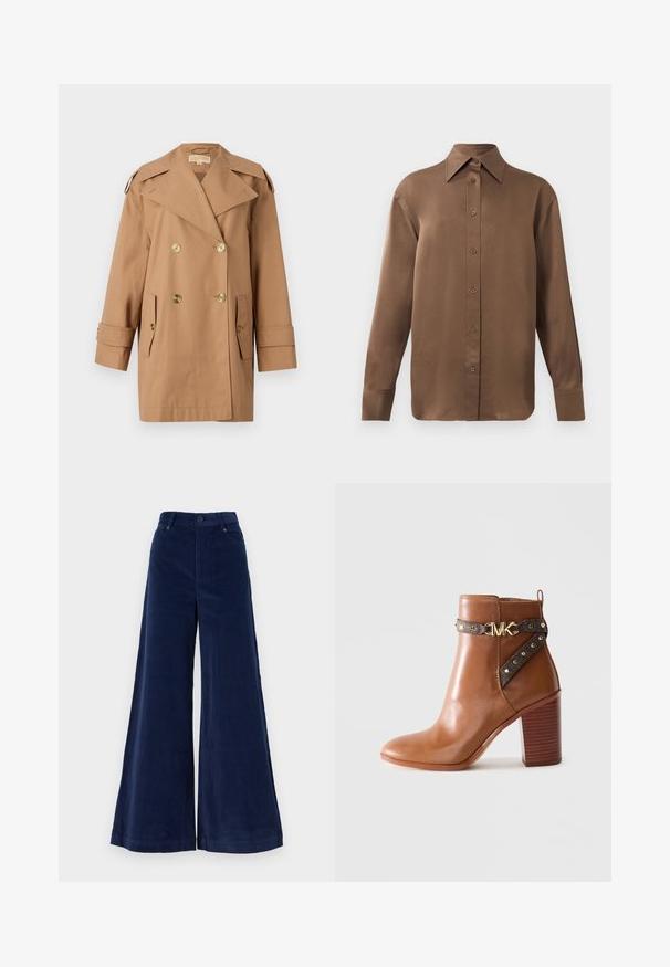 Καφέ διπλής όψης παλιό αδιάβροχο από βαμβάκι. Διαθέτει μεγάλες χρυσές κουμπότρυπες, φαρδιές επωμίδες και δύο μπροστινές τσέπες. Μήκους μεσαίων μανικιών.; Καφέ μακρυμάνικο πουκάμισο με κουμπιά και μυτερό γιακά και μανσέτες, τοποθετημένο σε λευκό φόντο.; Ναυτικό μπλε παντελόνι καμπάνα από χνούδι με ψηλή μέση, διαθέτει μπροστινές τσέπες και κλείσιμο με κουμπί. Μαλακή υφή και ρέουσα σιλουέτα.; Καφέ δερμάτινη μπότες ankle με στήλη απότομα τετράγωνη, πλευρική λουρίδα με χρυσά τρουκ και χρυσό κούμπωμα με το λογότυπο "MK".