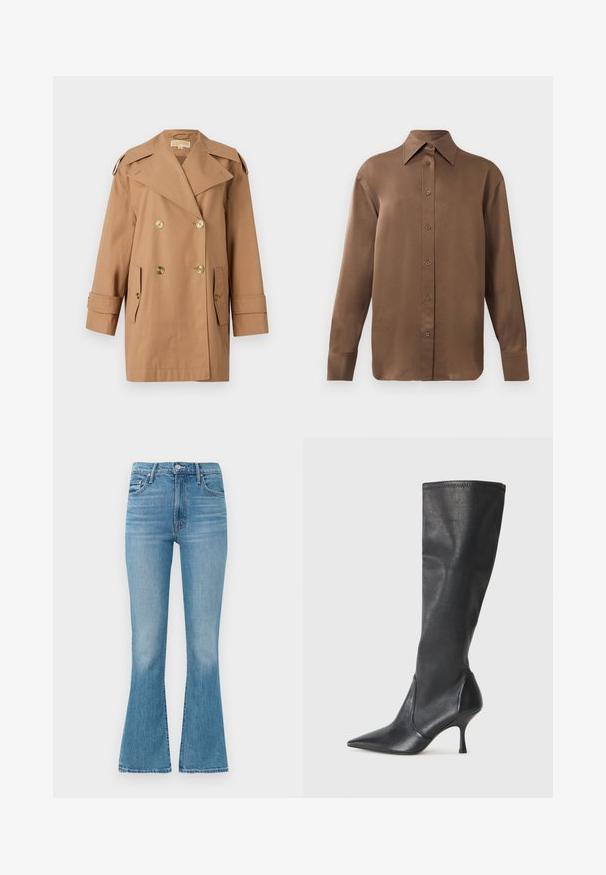 Brūns dubultās krūtis pūķis, kas izgatavots no kokvilnas. Iespējas ietver lielus zeltainus pogas, plašus atlokos un divas priekšējās kabatas. Pusgaras piedurknes.; Brūns garās piedurknes pogājamais krekls ar norādītu apkakli un aprocēm, izlikts pret vienkāršu baltu fonu.; Gai zili flared džinsi, izgatavoti no denima, ar augstu jostasvietu, piecu kabatu dizainu un minimālisiskām šuvēm, ar izbalējušu virsmu apakšmalā.; Ceļa auguma melni ādas zābaki ar smailu purngalu un šauru stiletto papēdi. Gluda tekstūra ar pieguļošu dizainu un izšuvumiem augšējā malā.