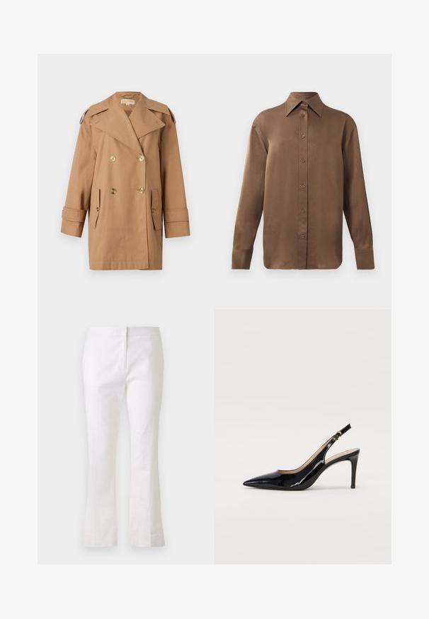 Trench coat marrón de doble botonadura hecho de algodón. Presenta grandes botones dorados, amplias solapas y dos bolsillos frontales. Mangas de longitud media.; Camisa de botones de manga larga marrón con cuello y puños puntiagudos, exhibida sobre un fondo blanco liso.; Pantalones acampanados blancos hechos de un tejido ligero. Presentan una parte frontal plana con cierre de cremallera y una textura suave. Diseño sencillo y limpio.; Zapatos de charol negro con tirante al tobillo, punta afilada, tacón delgado y un diseño de corte sutil. Presenta una hebilla dorada en la correa.
