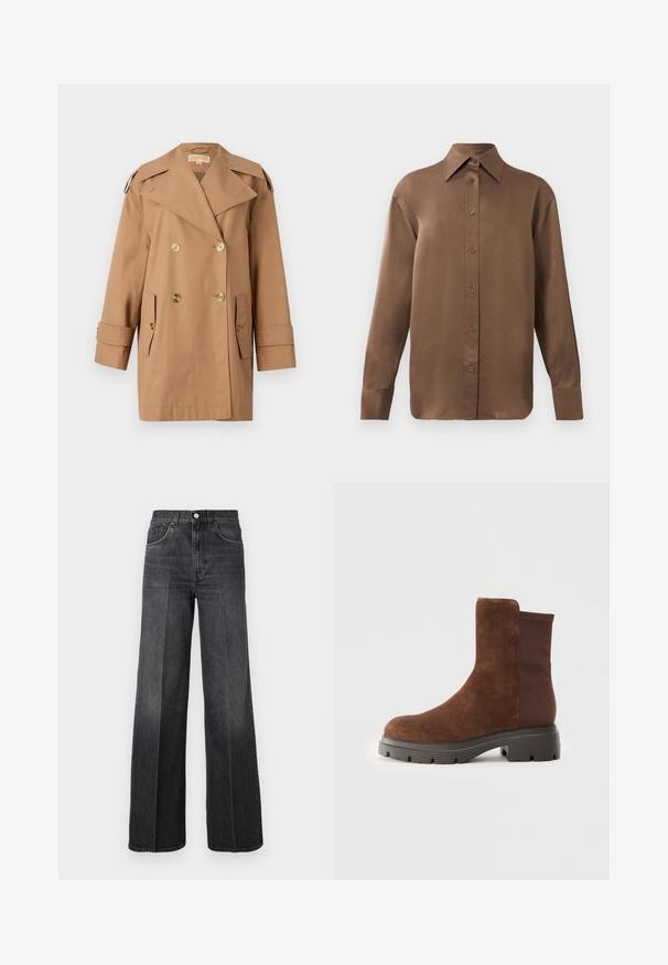 Pruun topeltkliendiga vihmamantel, mis on valmistatud puuvillast. Omab suuri kuldseid nööpe, laiu krae ja kahte esikotti. Keskmise pikkusega varrukad.; Pruun pikkade varrukatega nööbitav särk terava krae ja mansettidega, esitatud lihtsa valge tausta ees.; Laia püksid tumedast hallist denimist, kõrge vöökohaga, vöökinnitusaukudega ja klassikalise viie taskuga disainiga. Ees on kerge pleekitus.; Pruun nahast ankle saapad elastsete külgpaneelidega, ümmargune varvas ja paks kummist tald, millel on tekstureeritud kulumisjälgede muster.