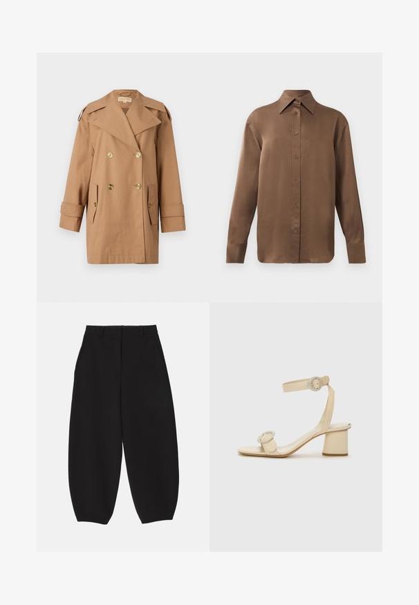Brun dobbeltbrystet trenchcoat lavet af bomuld. Har store guldknapper, brede revers og to forlommer. Mellemlange ærmer.; Brun langærmet skjorte med knapper, spids krave og manchetter, vist mod en simpel hvid baggrund.; Sorte vide bukser lavet af glat stof med skræddersyet design, der har forlommer og en flad talje med bæltesløjfer.; Beige højhælede sandaler med et minimalistisk design, der har to cirkulære detaljer og en kraftig hæl. Fremstillet af glat læder.