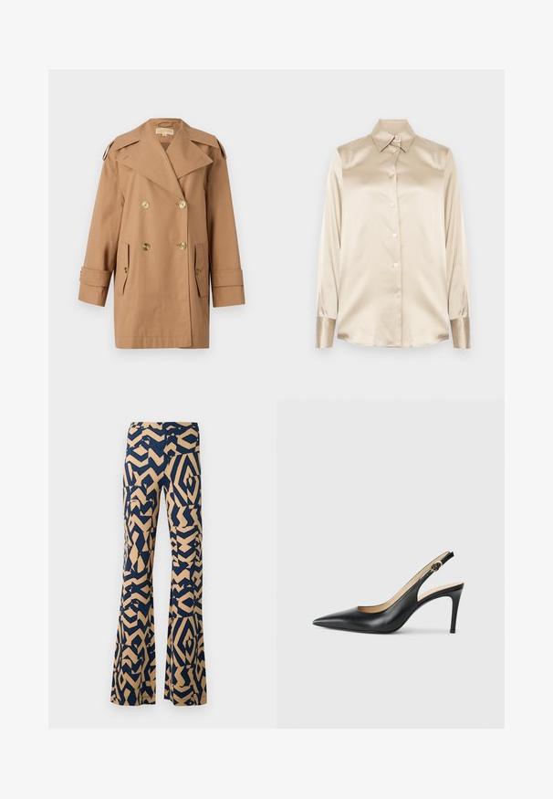 Rjav dvoredni trench plašč iz bombaža. Opremljen z velikimi zlatimi gumbi, širokimi reverji in dvema sprednjima žepoma. Srednje dolgi rokavi.; Bež satenasta srajca z ostrim ovratnikom, dolgimi rokavi, z zapiranjem na gumbe in manšetami v nekoliko bolj sijočem finishtu. Brez vzorcev ali dodatkov.; Široke hlače z geometrijskim vzorcem v mornarsko modri in bež barvi. Narejene iz mehkega materiala, z visokim pasom in širokimi nogami.; Črne usnjene petke s slingback obliko, ostro konico, nastavljivim trakom in elegantnim stiletto peto, s gladko obdelavo.