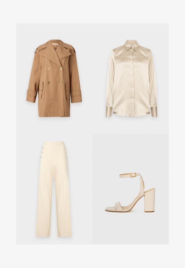 Barna, dupla gombos esőkabát, amely pamutból készült. Nagy arany gombokkal, széles hajtókákkal és két elülső zsebbel rendelkezik. Közepes hosszúságú ujjak.; Beige selyem ing hegyes gallérral, teljes hosszúságú ujjakkal, gombos záródással és enyhén fényes anyagú mandzsettákkal. Minták vagy díszítések nélkül.; Bő szárú nadrág világos krémszínben, sima textúrával, magas derékkal és díszes arany gombokkal az oldalán.; Beige színű magassarkú szandál négyzet alakú orral, vékony bokapánttal és tömbsarkúval. Simas bőrfelület arany csattal díszítve.