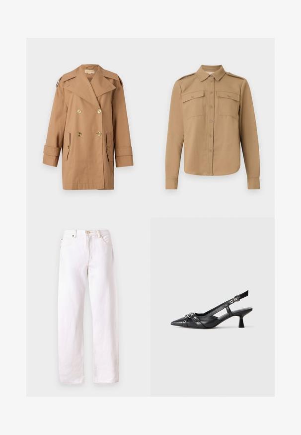 Hnedý dvojradový trenčkot vyrobený z bavlny. Obsahuje veľké zlaté gombíky, široké klopy a dve predné vrecká. Rukávy sú strednej dĺžky.; Hemd s dlhými rukávmi v béžovej látke s predným zapínaním na gombíky, dvoma náprsníkovými vreckami, ramennými epauletami a zaobleným lemom.; Biele džínsy z denimu s voľným strihom, rovnými nohavicami, dizajnom s piatimi vreckami a zapínaním na gombík. Zobrazuje viditeľné šitie a minimálne kovové prvky.; Čierne kožené slingback topánky s špicatou špičkou, ozdobnými popruhmi s kovovými očkami a nízkym blokovým podpätkom. Textúrovaný povrch.