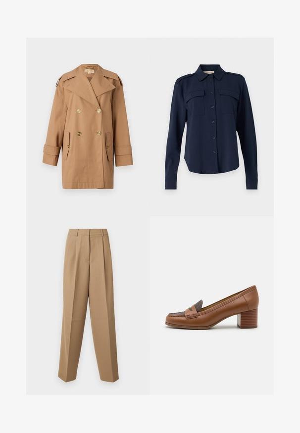Hnedý dvojradový trenčkot vyrobený z bavlny. Obsahuje veľké zlaté gombíky, široké klopy a dve predné vrecká. Rukávy sú strednej dĺžky.; Námornícky modrá košeľa na gombíky vyrobená z jemného materiálu. Obsahuje dve náprsné vrecká, ramenné epauletky a dlhé rukávy s gombíkovými manžetami.; Krémové upravené nohavice s vysokým pásom, skladaným predkom a širokým strihom. Tkanina sa zdá byť hladká s jemným leskom.; MICHAEL Michael Kors FRANCES - Klasické lodičky na opätku - luggage