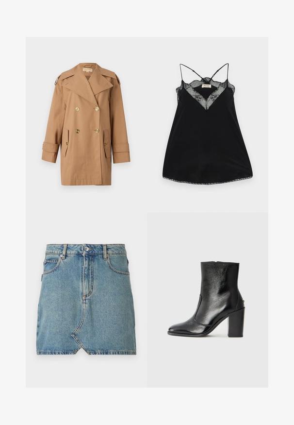 Rjav dvoredni trench plašč iz bombaža. Opremljen z velikimi zlatimi gumbi, širokimi reverji in dvema sprednjima žepoma. Srednje dolgi rokavi.; Črna majica s tankimi naramnicami, ki se lahko prilagajajo, z čipkastim globokim izrezom in valovitimi robovi. Gladko blago z rahlim leskom.; Jeans krilo v svetlo modri barvi, z neurejenim robom in diagonalnimi žepi spredaj, z kontrastnim šivanjem in enim gumbom za zapiranje v pasu.; Črne usnjene gležnarske čevlje z gladko teksturo, koničastim nosom in debelim visokim petam. Imajo stransko odprtino in minimalističen dizajn.