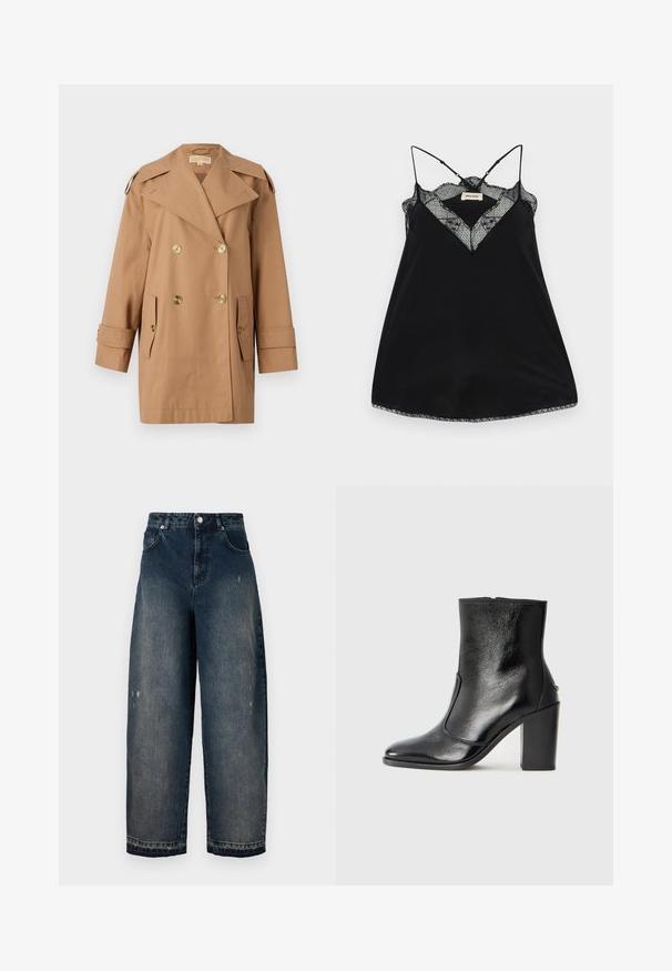 Smeđi dvostruko kopčani trench kaput od pamuka. Ima velike zlatne dugmadi, široke reveri i dva prednja džepa. Rukavi su srednje dužine.; Crna majica bez rukava s podesivim naramenicama, koja ima čipkast izrez i valovite rubove. Glatka tkanina s blagim sjajem.; Tamne traperice širokih nogavica tamne boje s visokim strukom, pet džepova, vidljivim šavovima i laganim oštećenjima sprijeda. Klasično zatvaranje na gumb i patentni zatvarač.; Crna kožna čizma do gležnjeva s glatkom teksturom, špicastim vrhom i debelim visokim potpeticama. Ima bočni otvor i minimalistički dizajn.