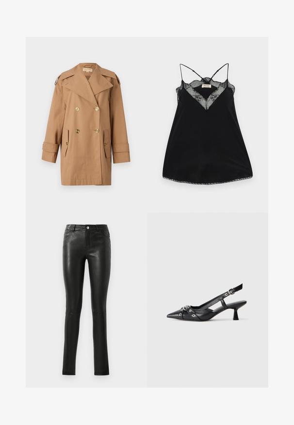 Barna, dupla gombos esőkabát, amely pamutból készült. Nagy arany gombokkal, széles hajtókákkal és két elülső zsebbel rendelkezik. Közepes hosszúságú ujjak.; Fekete ujj nélküli blúz állítható pántokkal, csipkés, mély dekoltázzsal és hullámos szegéllyel. Simább anyag enyhe fényességgel.; Fekete bőrnadrág, testhez álló fazonnal, sima textúrával, közepes derékvonallal és diszkrét varrási részletekkel. Elöl zsebekkel és fémből készült gombbal rendelkezik.; Fekete bőr slingback cipő hegyes orral, dekoratív pántokkal, fém szemekkel és alacsony blokk sarkú. Texturált felület.